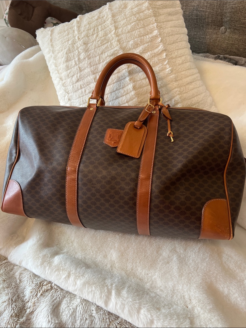 Celine Brown Patterned Travel Bag with Tan Leather Trim